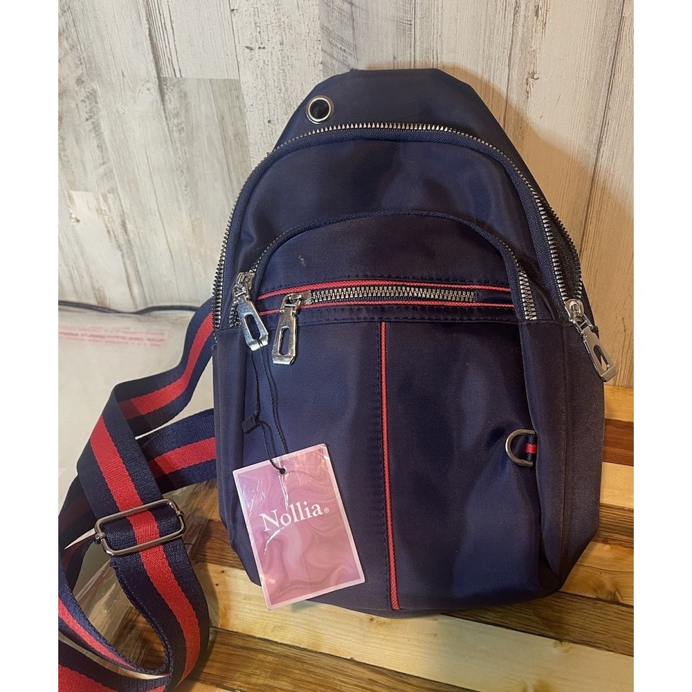 Nollia Nylon Navy/Red Crossbody Sling Bag NWT Adjustable Strap Zip Close